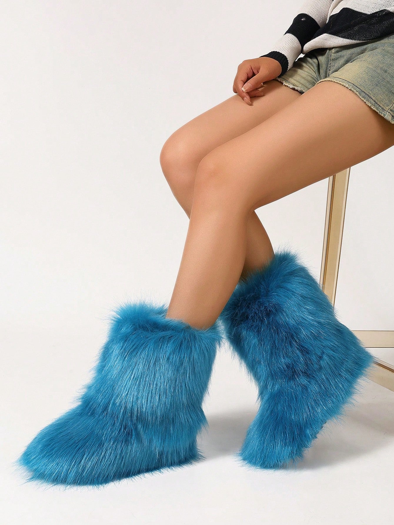 Women Winter Boots, Faux Fur Flat Snow Boots, Over The Knee Boots, Black & White Knee-High Boots, Furry Boots