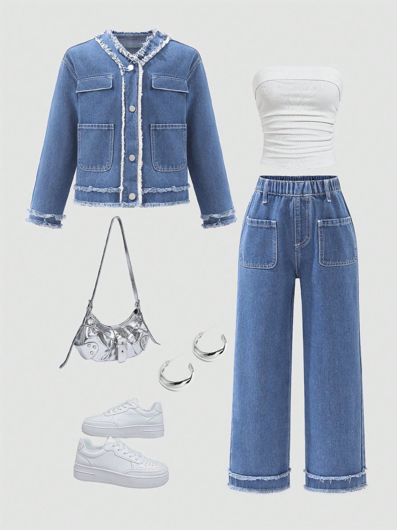 Girls' High Quality Fringed Casual And Comfortable Denim Outfit For Daily Wear