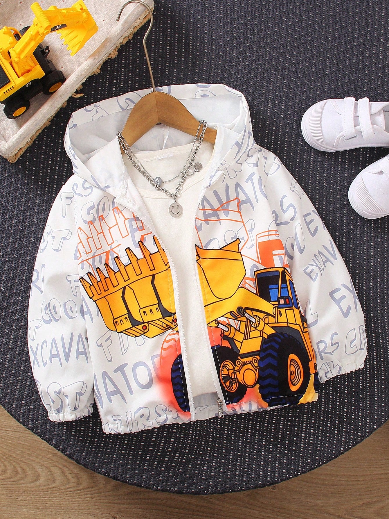 Toddler Boys' Cute Letter Printed Zip-Up Hooded Jacket With Excavator Pattern, Suitable For Autumn And Winter