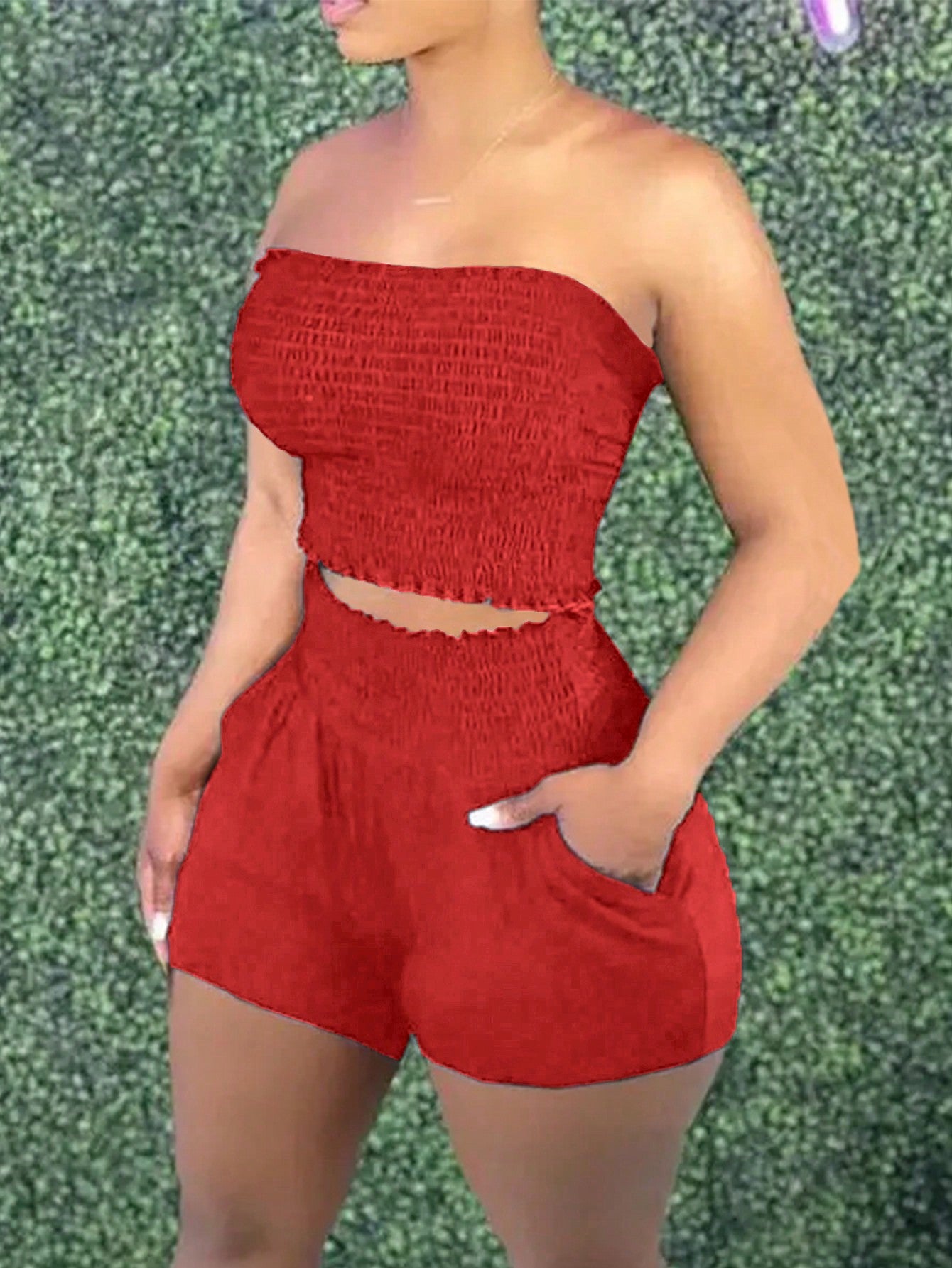 Women Solid Strapless Shirred Top & Pocket Shorts Two-Piece Outfits