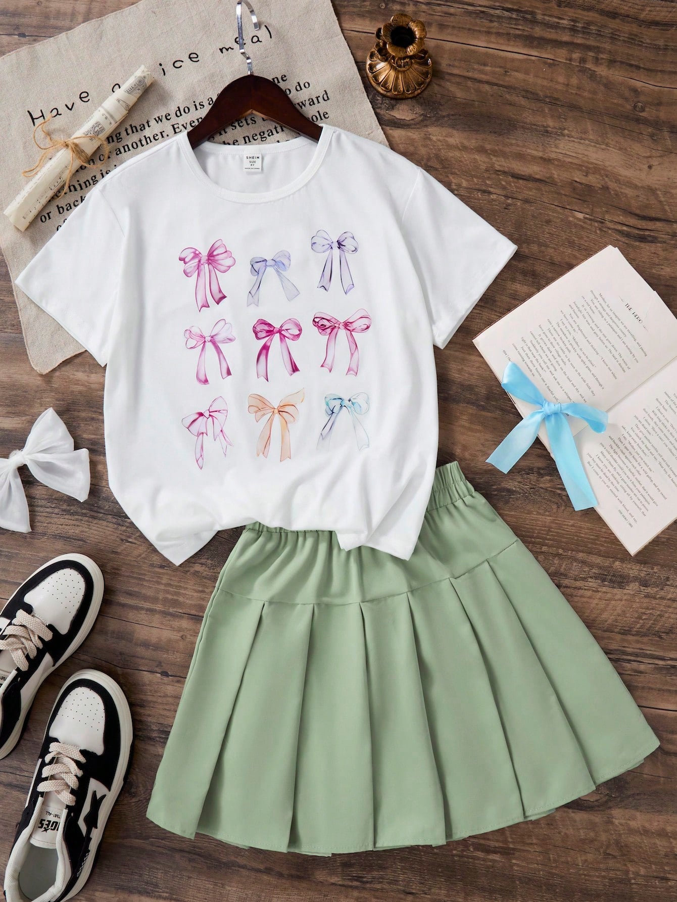 Tween Girl Casual College Style Short Sleeve T-Shirt And Skirt 2pcs Set