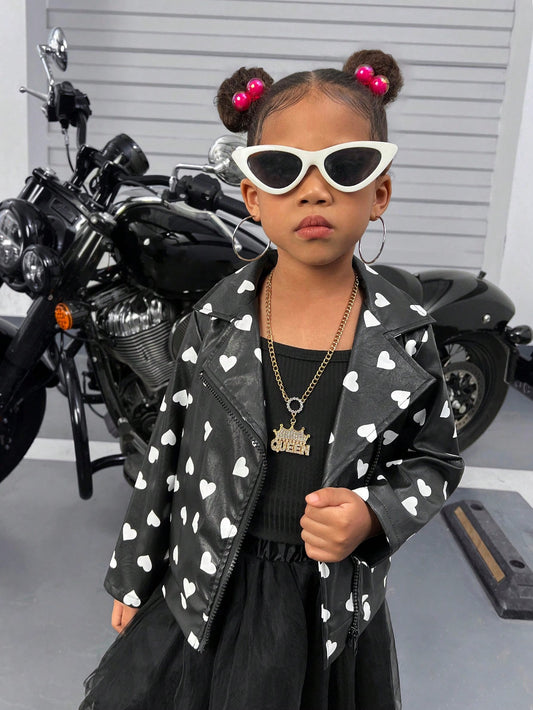 Streecool Kids Girls Trendy Black Fashion Street Pu Leather Fabric Heart Print Lapel Leather Jacket Zipper Jacket Suitable For Street Shooting Motorcycle Wear In Autumn And Winter, Suitable For Cool Neutral Style Girls