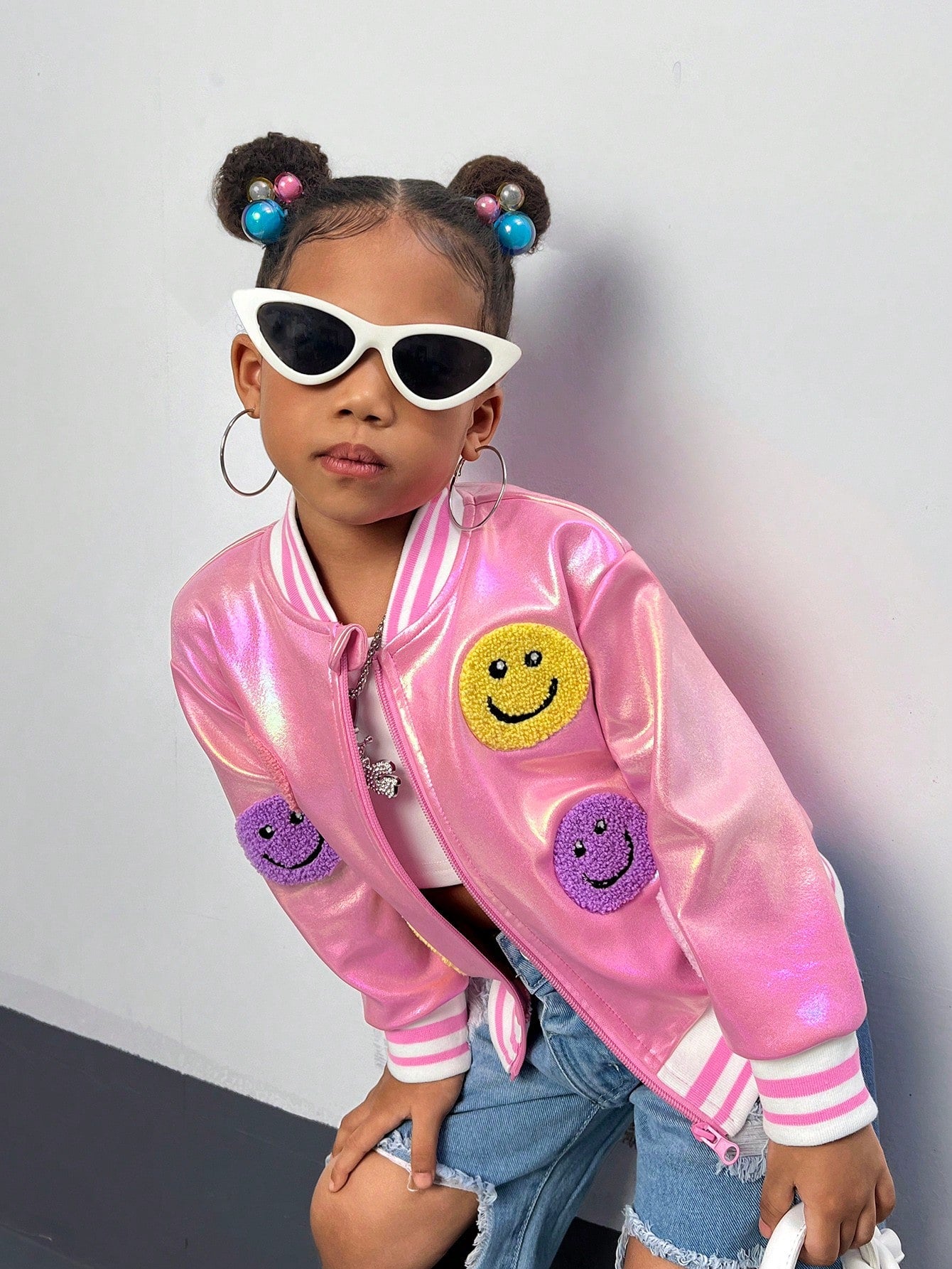 Streecool Kids Girls Vacation Vibrant And Colorful Three-Dimensional Towel Embroidered Face Baseball Jacket Uses Reflective And Refractive Fabrics To Make The Clothes Full Of Fashion Sense And Trendy Wear For Winter