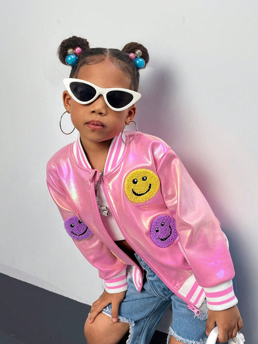 Streecool Kids Young Girl Vacation Vibrant And Colorful Three-Dimensional Towel Embroidered Face Baseball Jacket Uses Reflective And Refractive Fabrics To Make The Clothes Full Of Fashion Sense And Trendy Wear For Winter