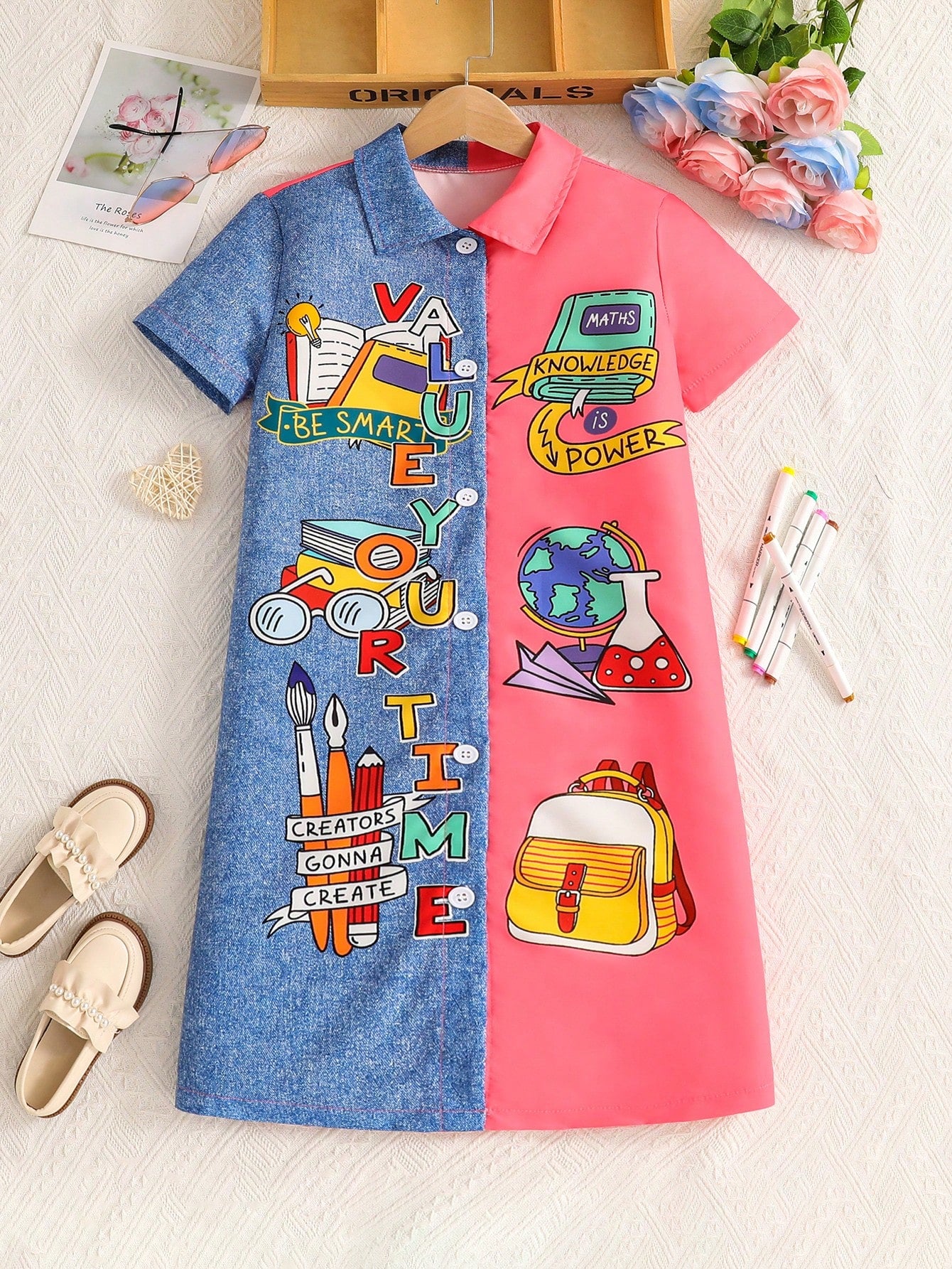 Tween Girls Cartoon Graphic Button Front Shirt Dress