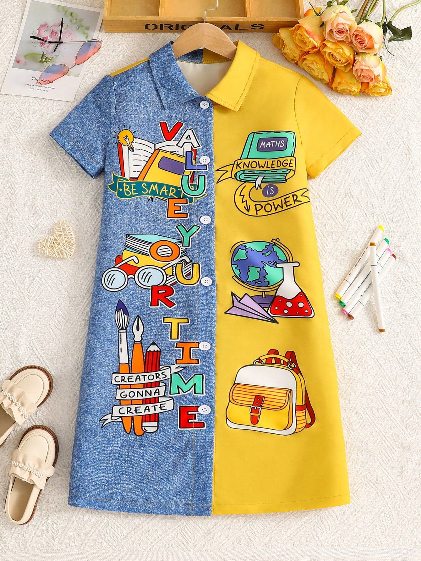 Tween Girl Fashionable Color Block Stationery Pattern Printed Short Sleeve Dress