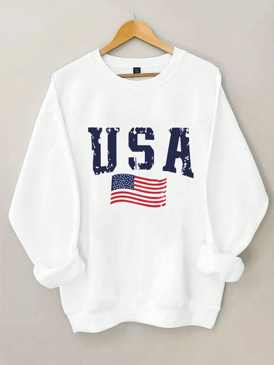 American Flag And Lettering Graphic Thermal Lined Sweatshirt Crew Neck Long Sleeve Sweatshirt