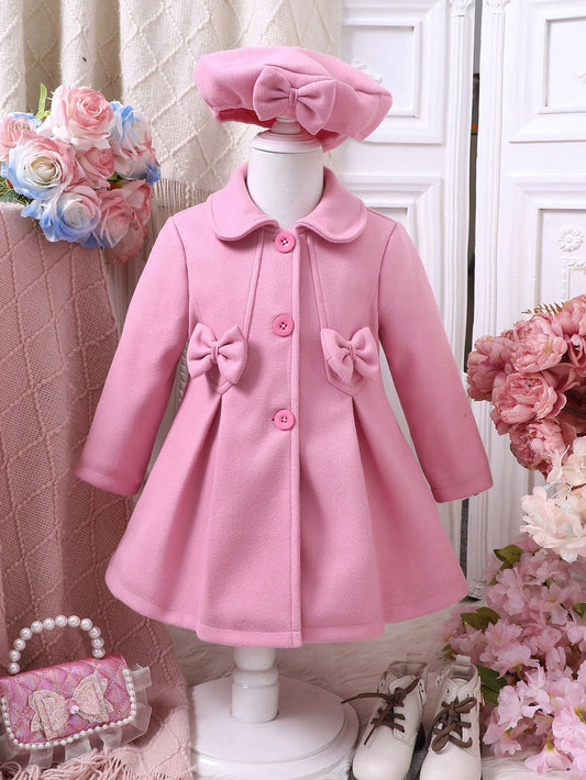 Girls' Commuting/Casual Cute Bow Woolen Coat With Beret