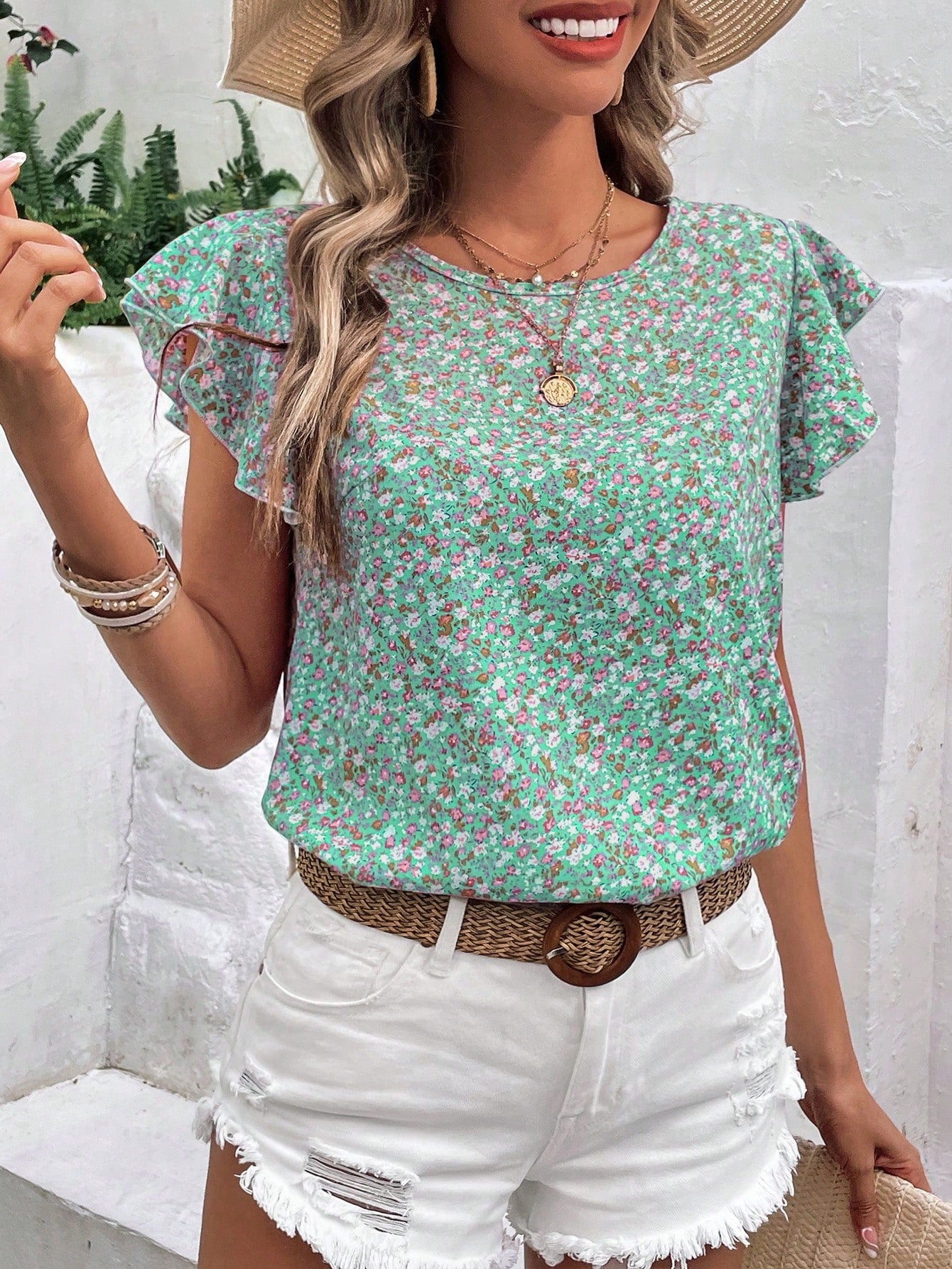 Ditsy Floral Print Butterfly Sleeve Blouse