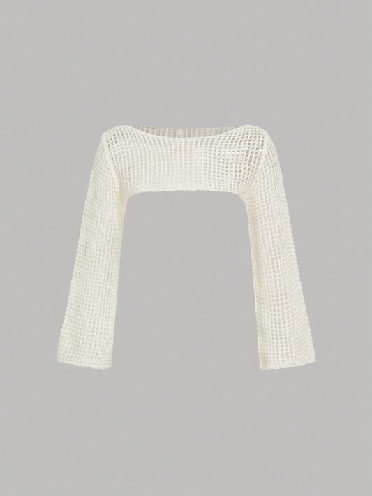 Tween Girl White Knitted Sweater With Round Neckline, Long Sleeves, For Sports And Leisure