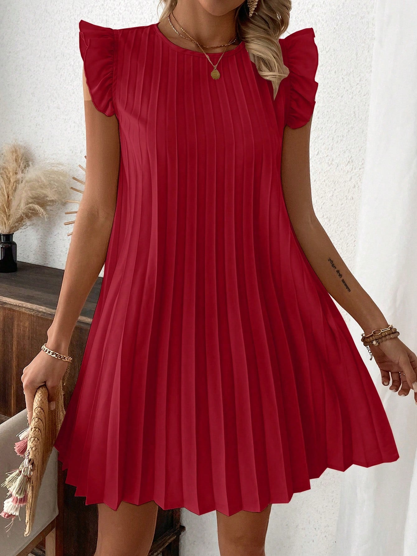 Women's Solid Color Ruffled & Pleated Decoration Sleeveless Dress