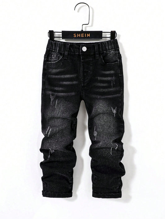 Young Boy Black Comfortable And Refreshing Dark Wash Cut Out Ripped Frayed Design Elasticity Denim Skinny Pants For Dailywear And Back To School Clothes