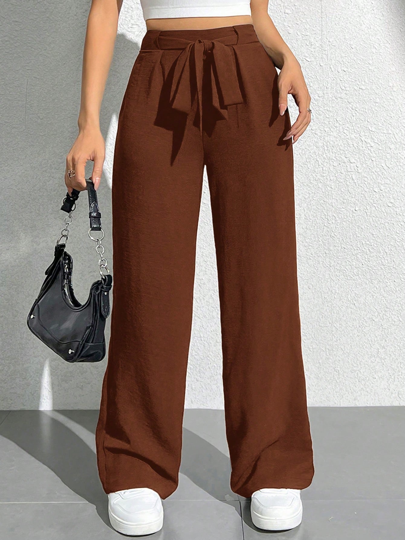 Solid Color High Waisted Belted Wide Leg Pants