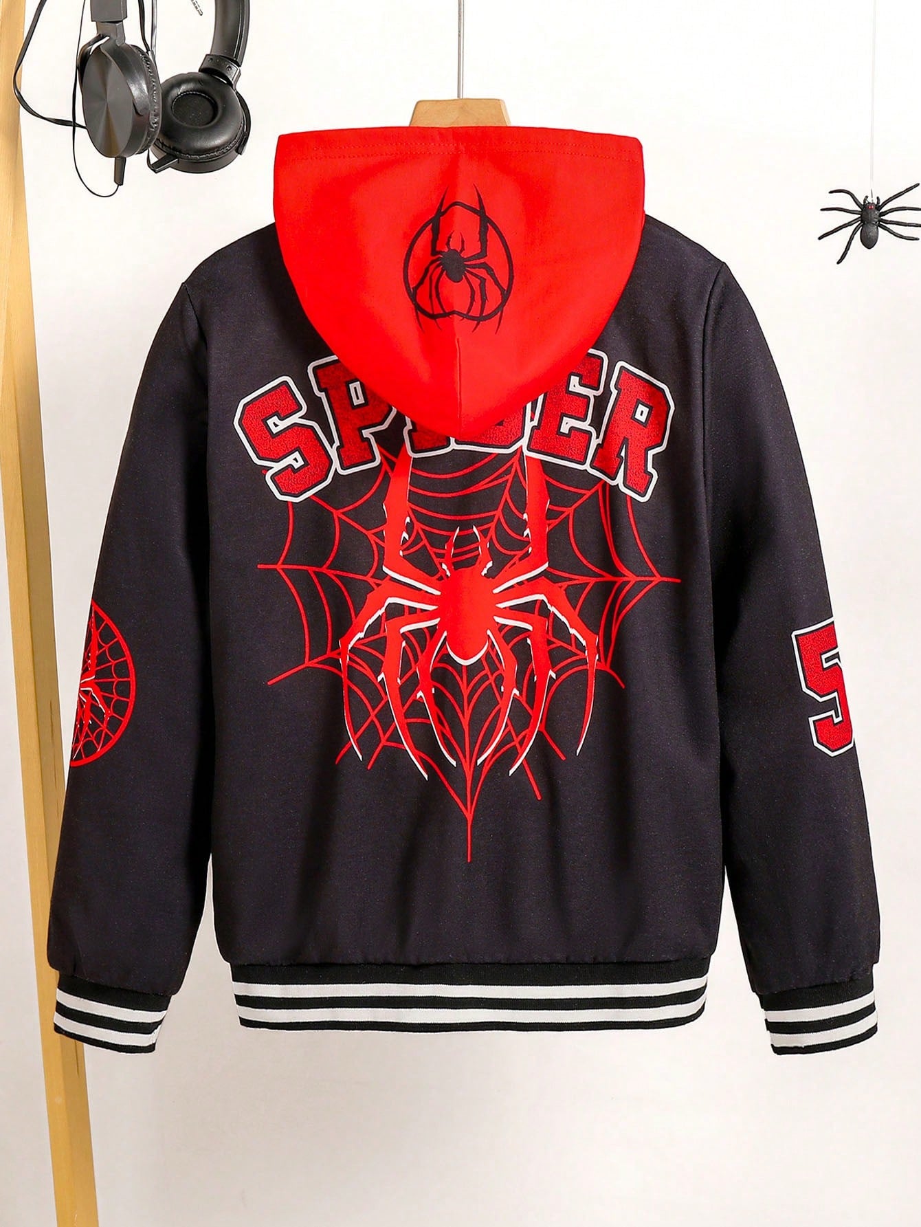 Tween Boys' Simple Spider Web Printed Hooded Long Sleeve Jacket