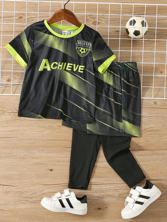 2pcs Young Boys' Fluorescent Green Sports T-Shirt With Striped Pattern And Black Comfortable Pants, Suitable For Exercise, Spring/Summer