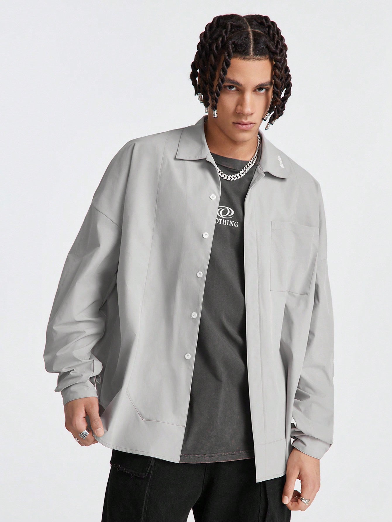 Men's Loose Long Sleeve Shirt Jacket With English Pattern