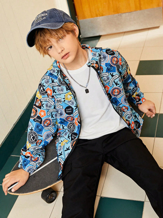 Tween Boys' Hooded Printed Jacket, Autumn