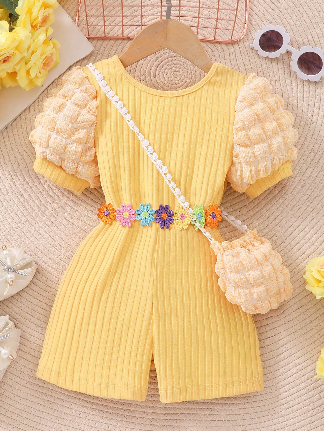 Young Girl Short-Sleeved Bubble Texture Jumpsuit With Crossed Back And Knit Stripe Fabric [Including Bag]