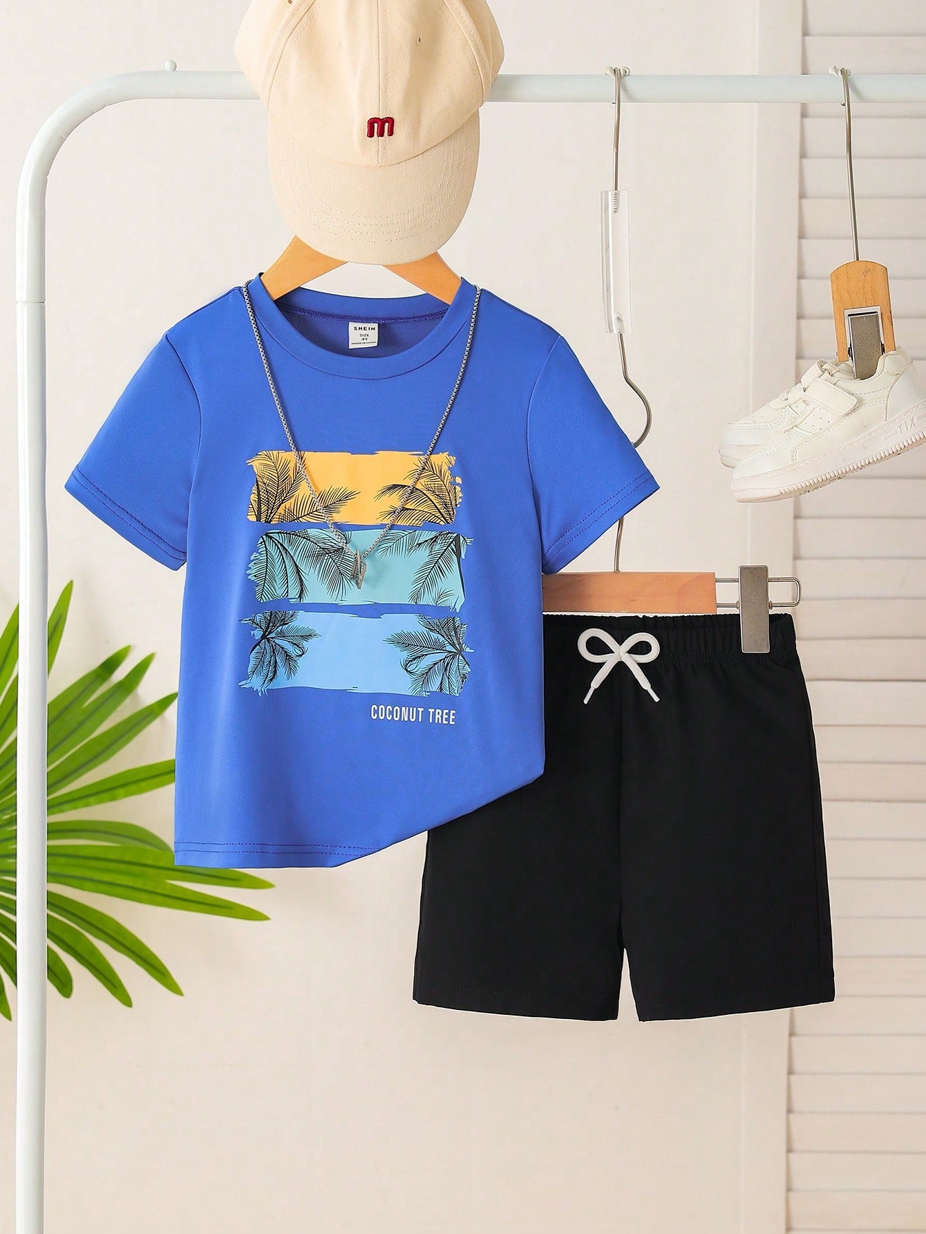 Young Boy Casual Tropical Letter Print Short Sleeve T-Shirt And Shorts Summer Set