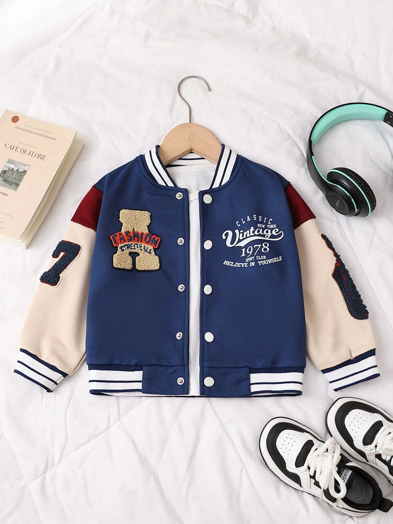 1pc Young Boy Casual Slogan Patchwork Long Sleeve Cardigan, Suitable For Spring & Autumn Outdoors, Leisure, Sports, Travel, School, Daily Wear