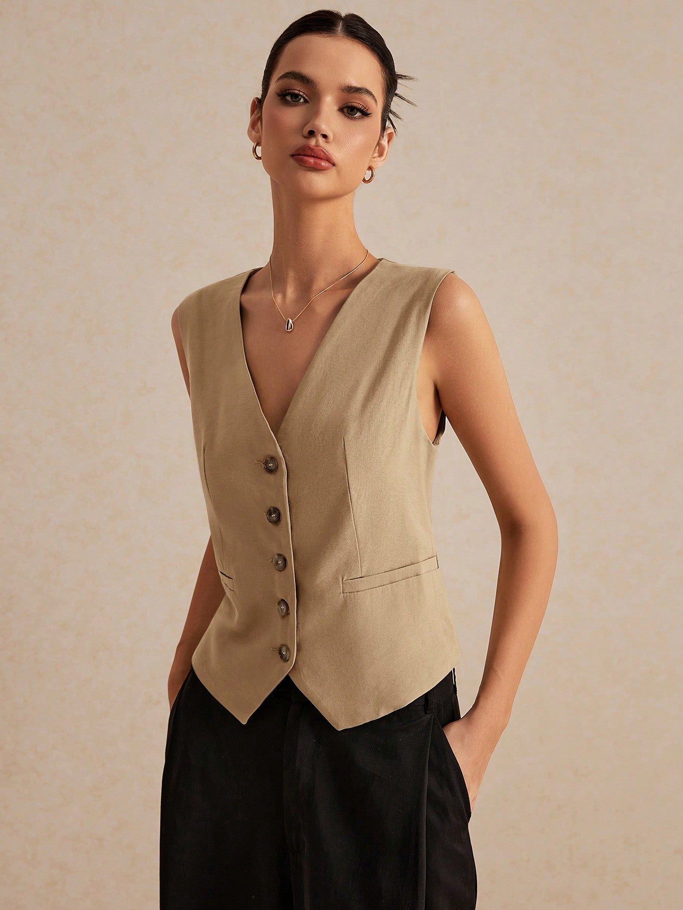 Frenchy Women's Summer Sleeveless V-Neck Single Breasted Linen Blazer Jacket