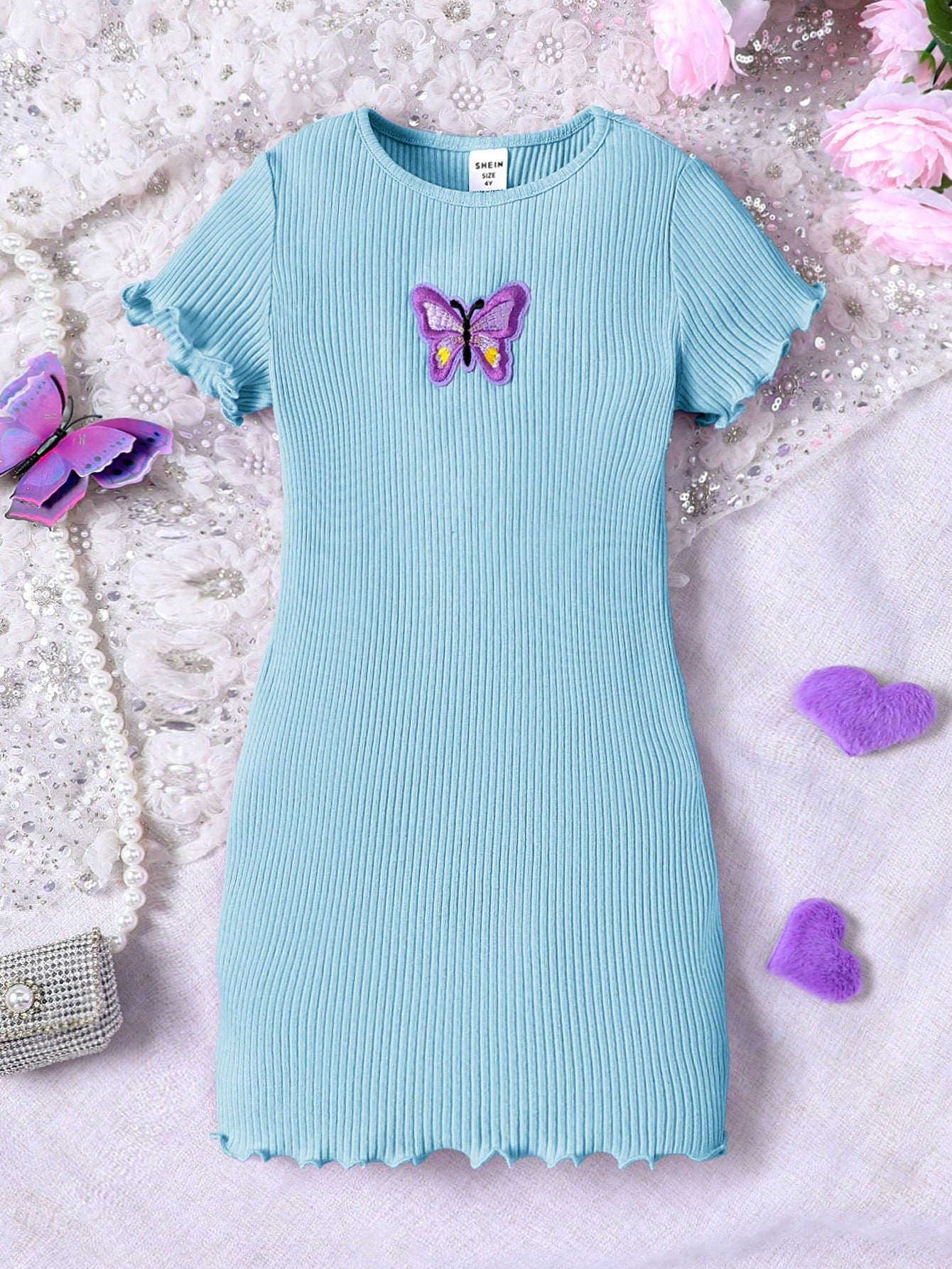 Tween Girl Basic Casual Knitted Butterfly Patch A-Line Dress, Spring/Summer