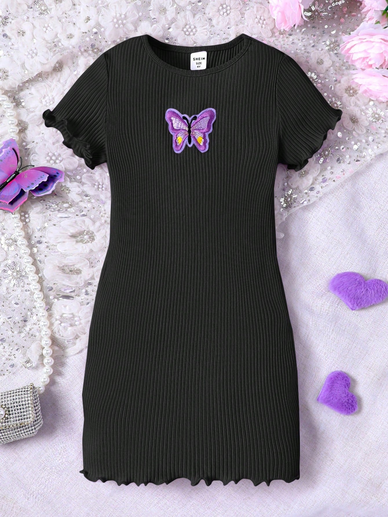 Tween Girl Basic Casual Knitted Butterfly Patch A-Line Dress, Spring/Summer