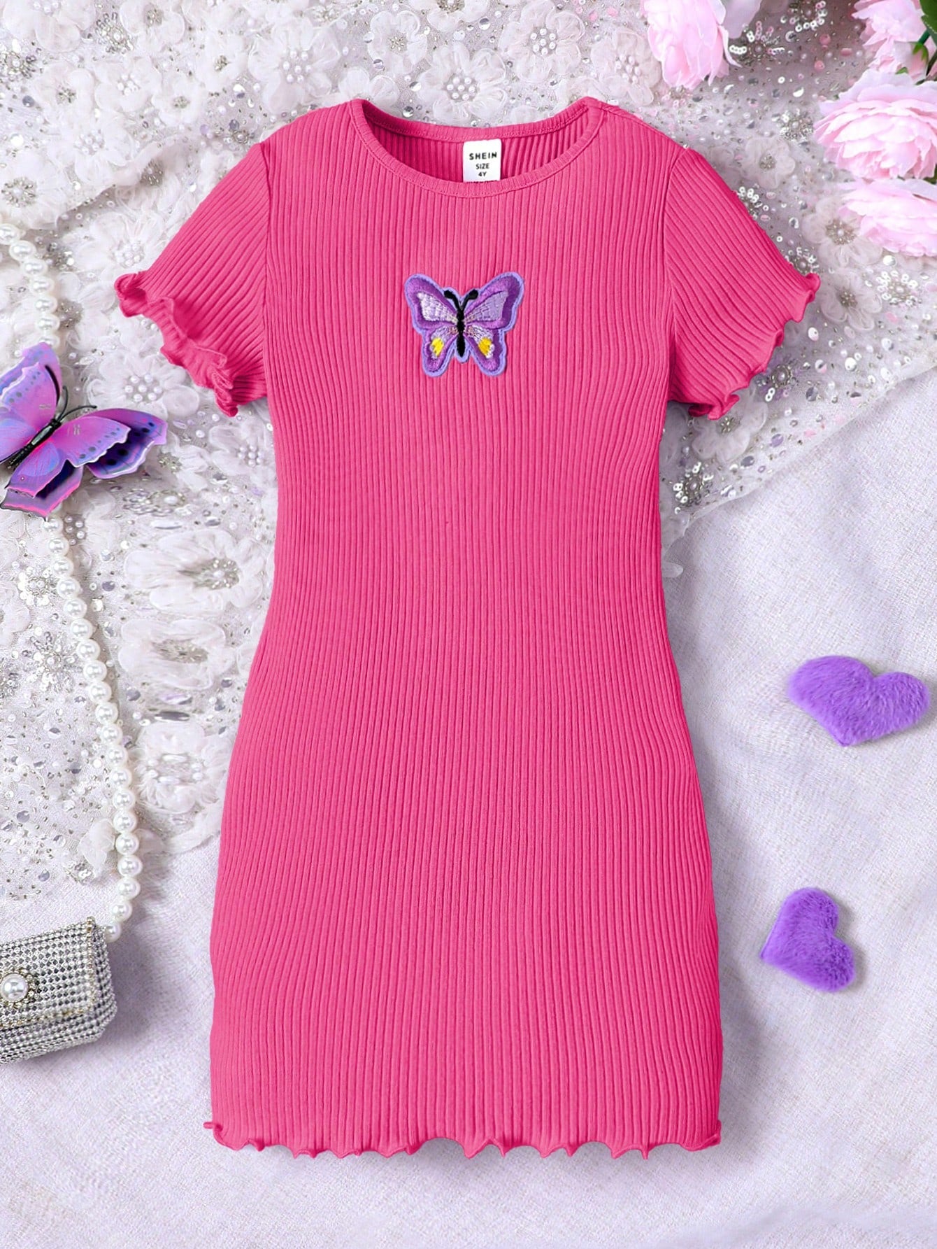 Tween Girl Basic Casual Knitted Butterfly Patch A-Line Dress, Spring/Summer