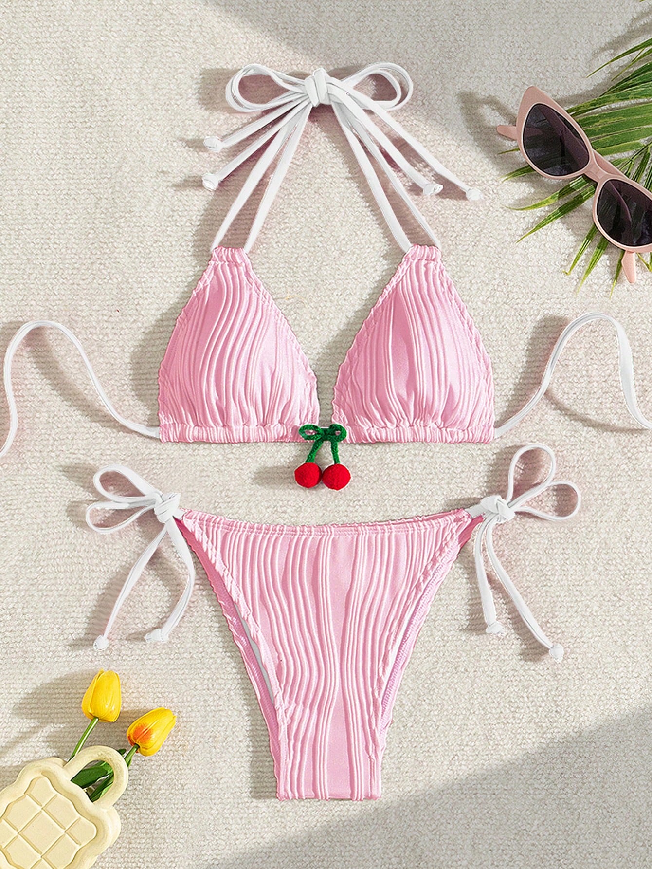 Swim Mod Women's Summer Beach Colorblock 3D Cherry Decorated Halter Neck Tie Sexy Bikini Set