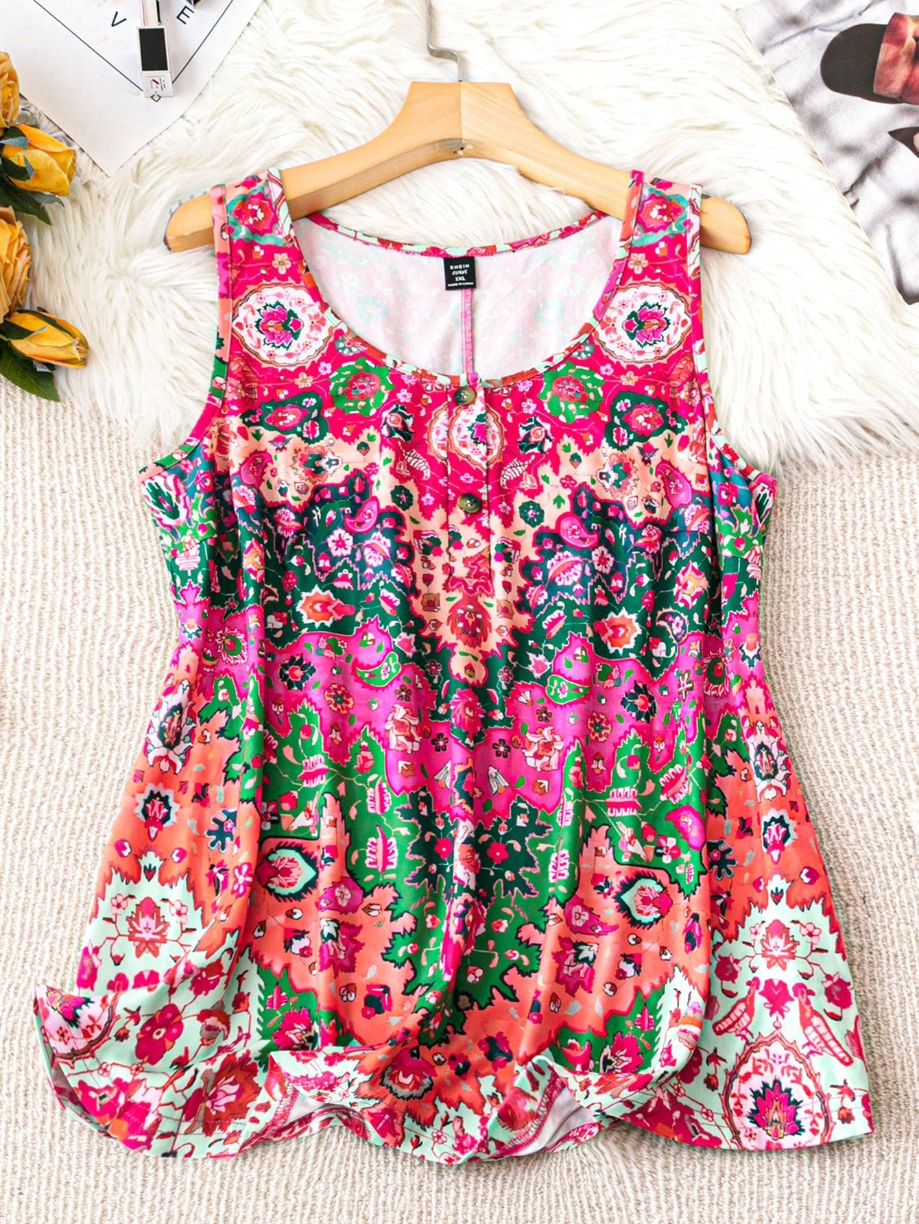 Plus Size Sleeveless Round Neck Printed Tank Top For Summer Casual Outings