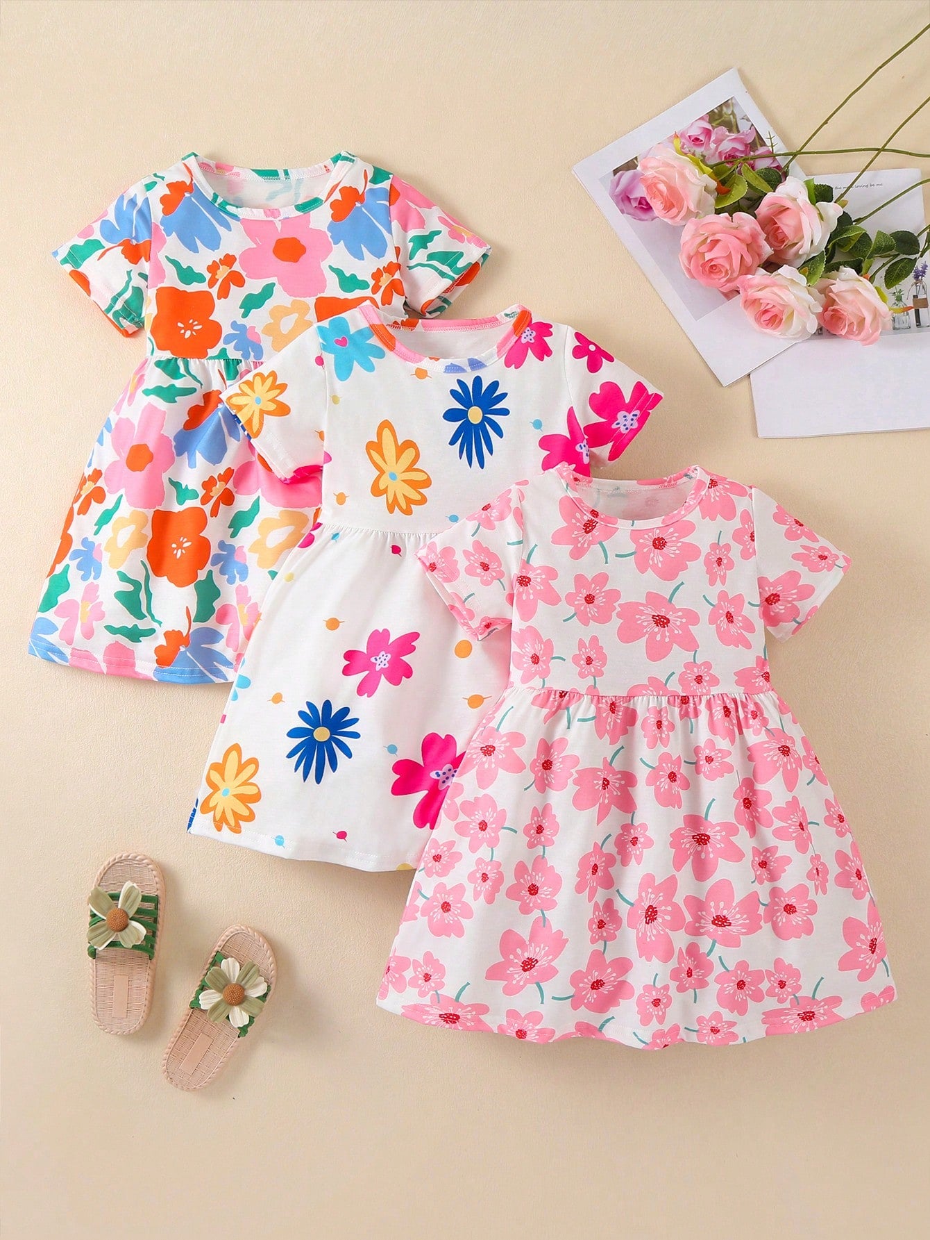 Young Girl 3pcs Striped & Sunflower Print Dress