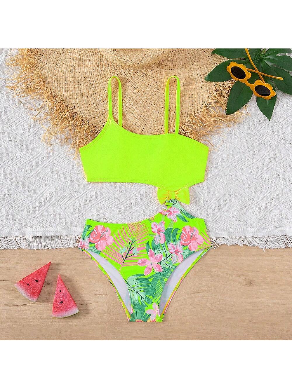 Tween Girl's Cute Tropical Plant Printed Halterneck Cutout One Piece Swimsuit