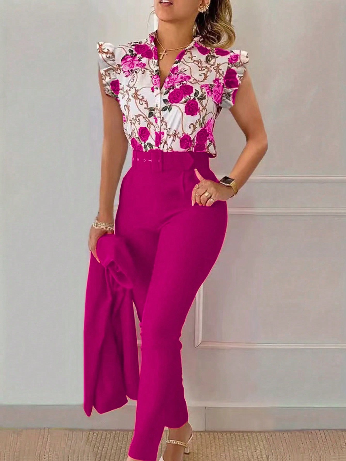 Women's 2pcs Set - Floral Pattern V-Neck Top With Ruffle Sleeves And High-Waist Pocketed Solid Slim Fit Pants