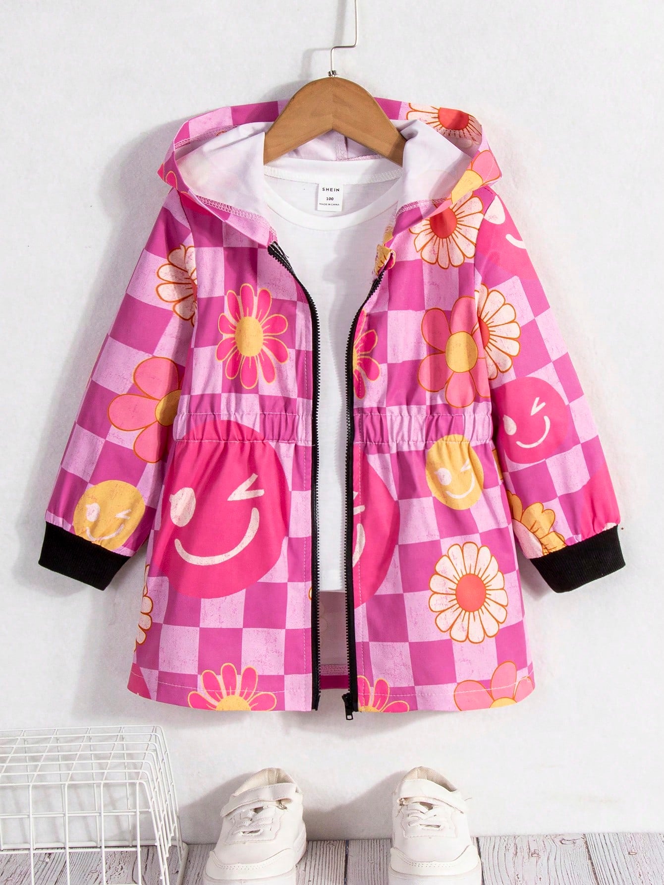 Back To School Season Single Coat Young Girls Casual Sunflower Checkerboard Print Hooded Long Sleeve Contrast Color Zipper Cardigan Versatile Girls Thin Daily Coat Suitable For Party Beach Vacation Spring And Autumn