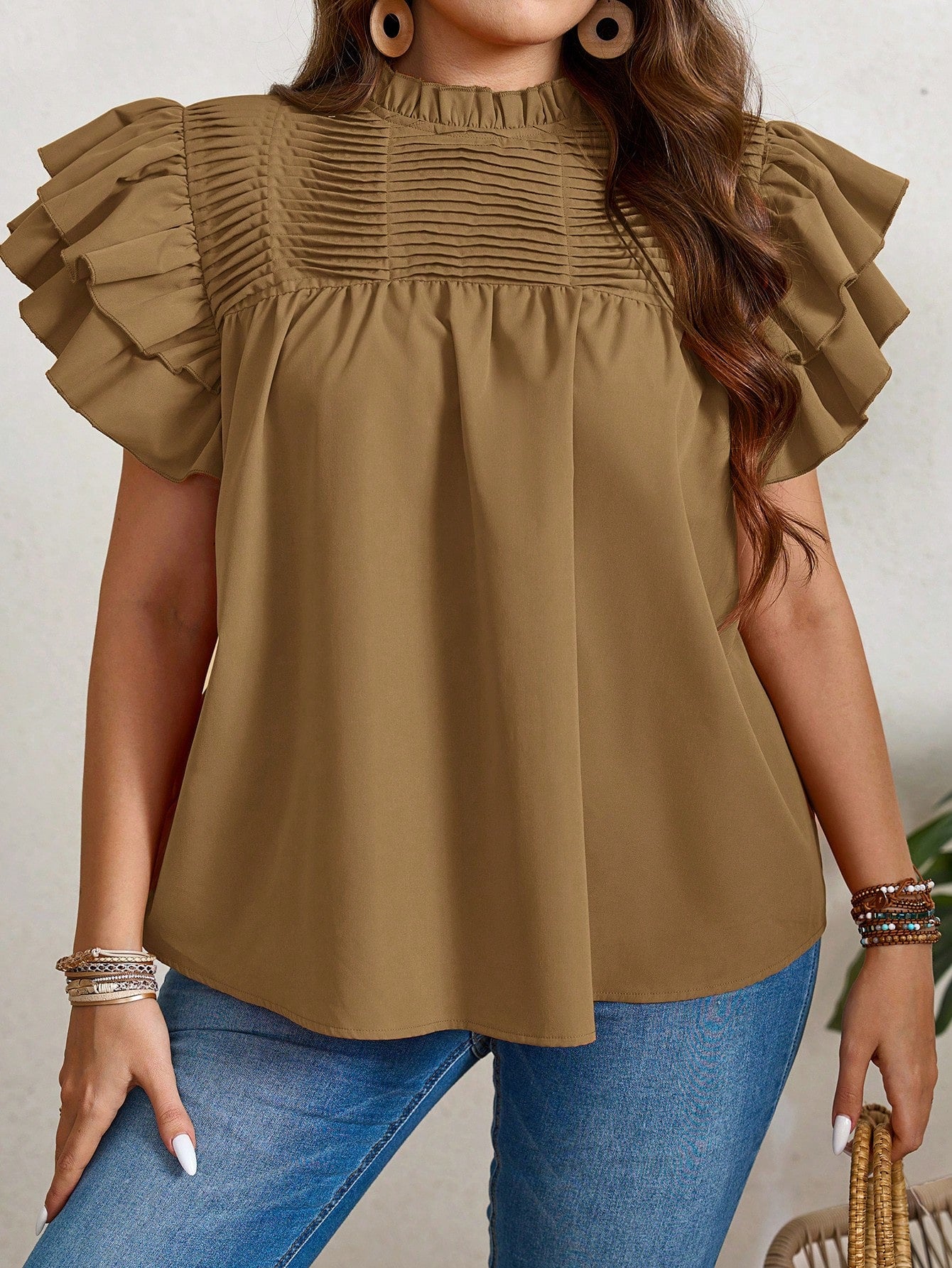 Plus Size Summer Casual Double Layered Orange Shirt With Ruffle Sleeves