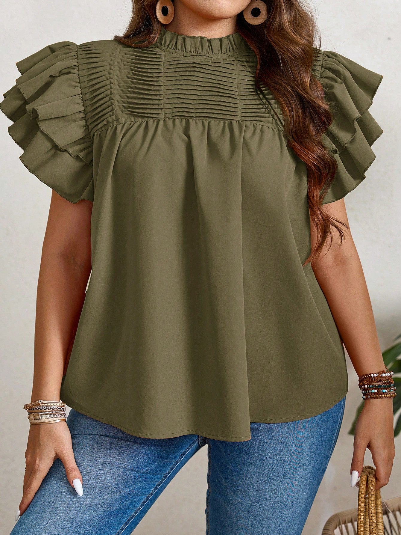 Plus Size Summer Casual Double Layered Orange Shirt With Ruffle Sleeves