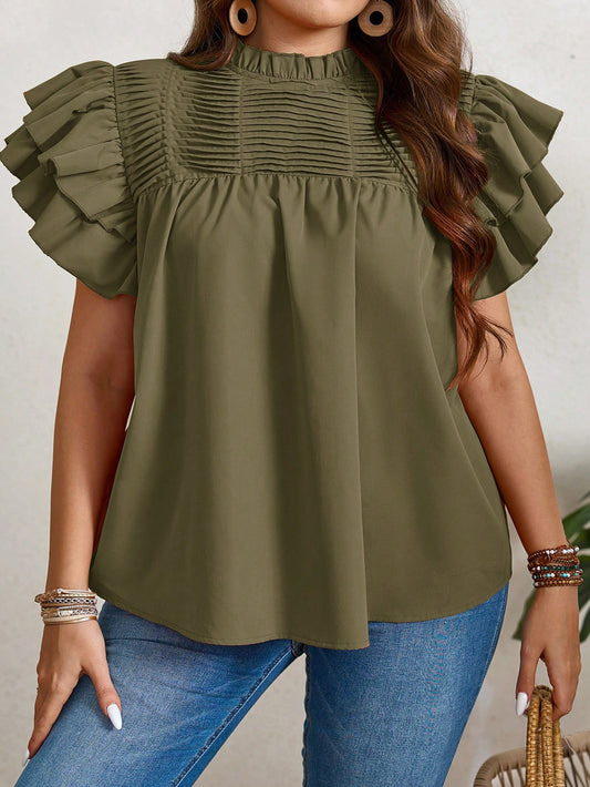 Plus Size Women's Summer Solid Color Stand Collar Double Layered Short Cap Sleeve Loose Shirt With Frill Trim