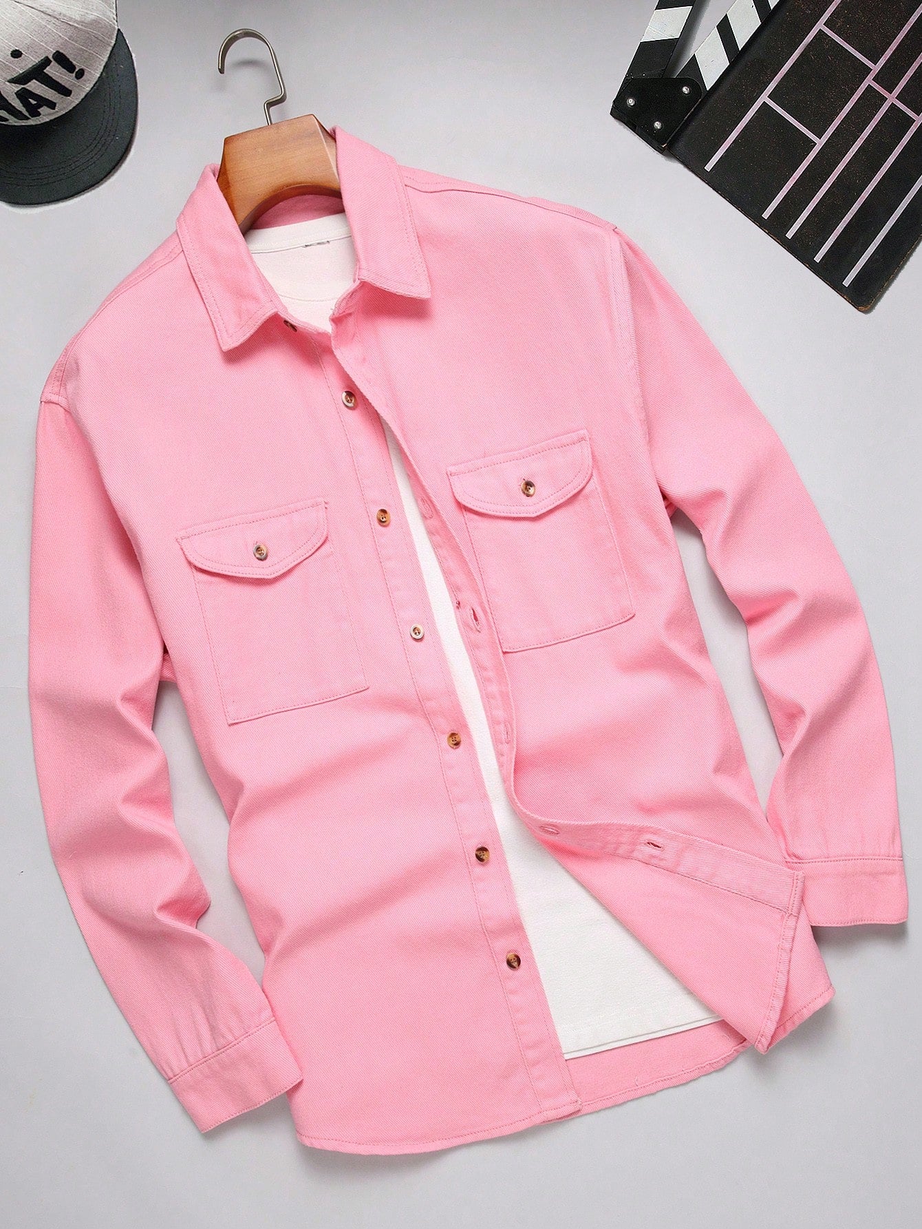 Men's Solid Color Single-Breasted Casual Long Sleeve Denim Shirt