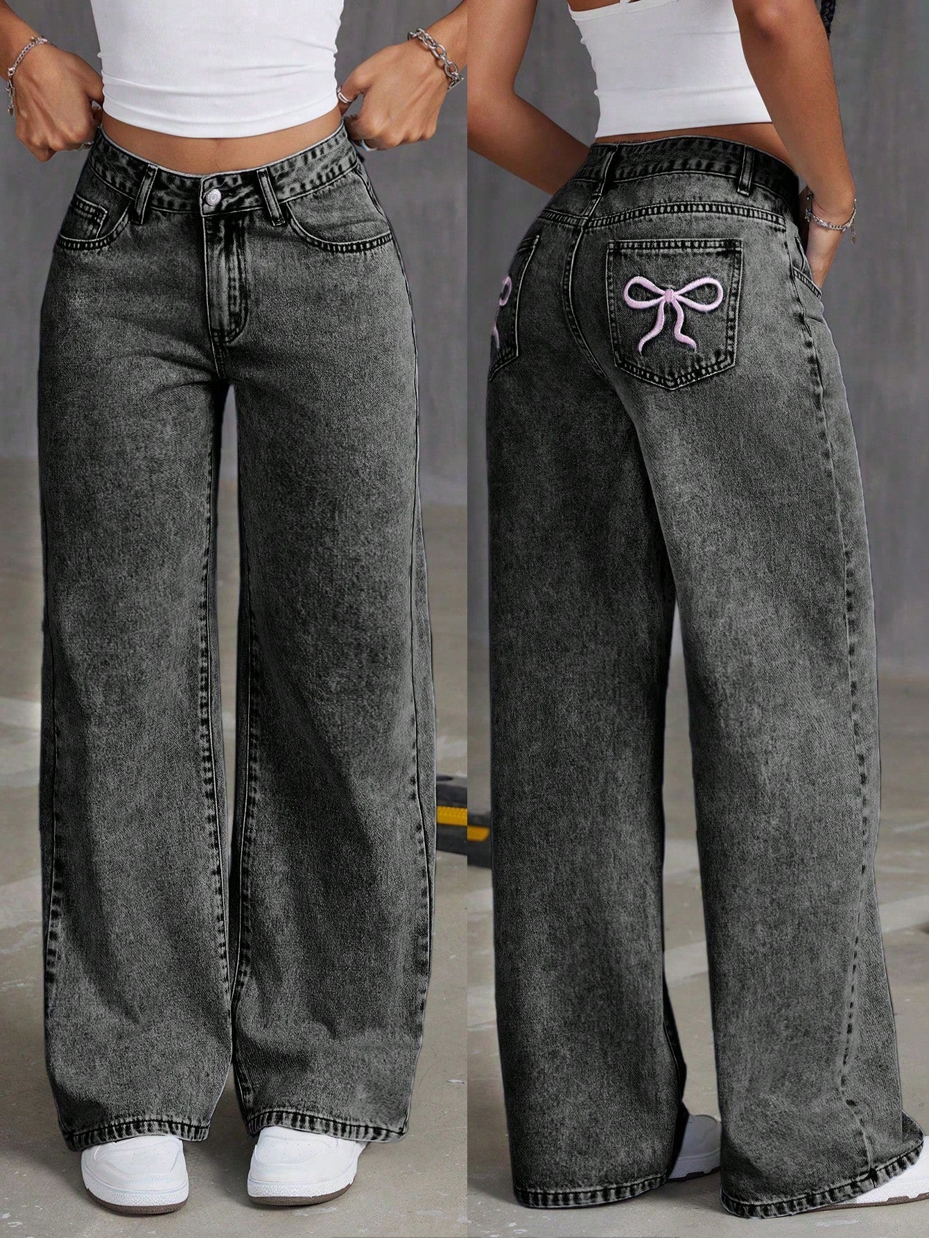 Women's Straight-Leg Jeans With Embroidered Bowknot And Washed-Out Effect