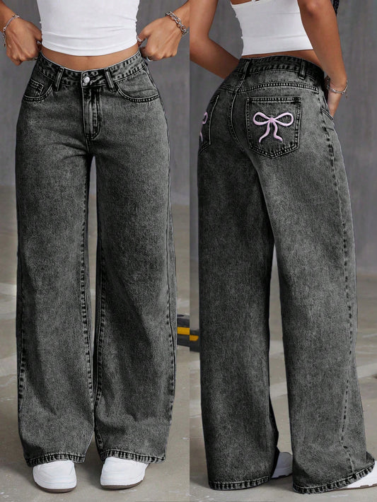 Women's Straight-Leg Jeans With Embroidered Bowknot And Washed-Out Effect