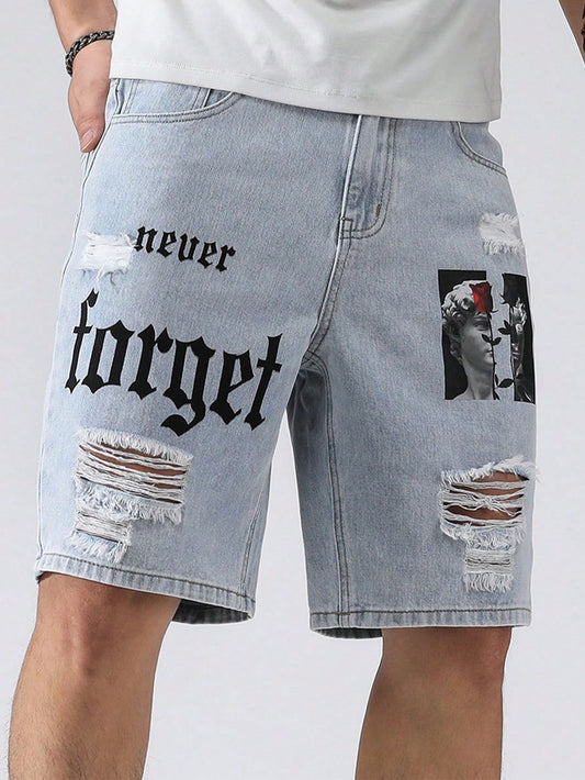 Men Plus Letter Graphic Ripped Denim Shorts