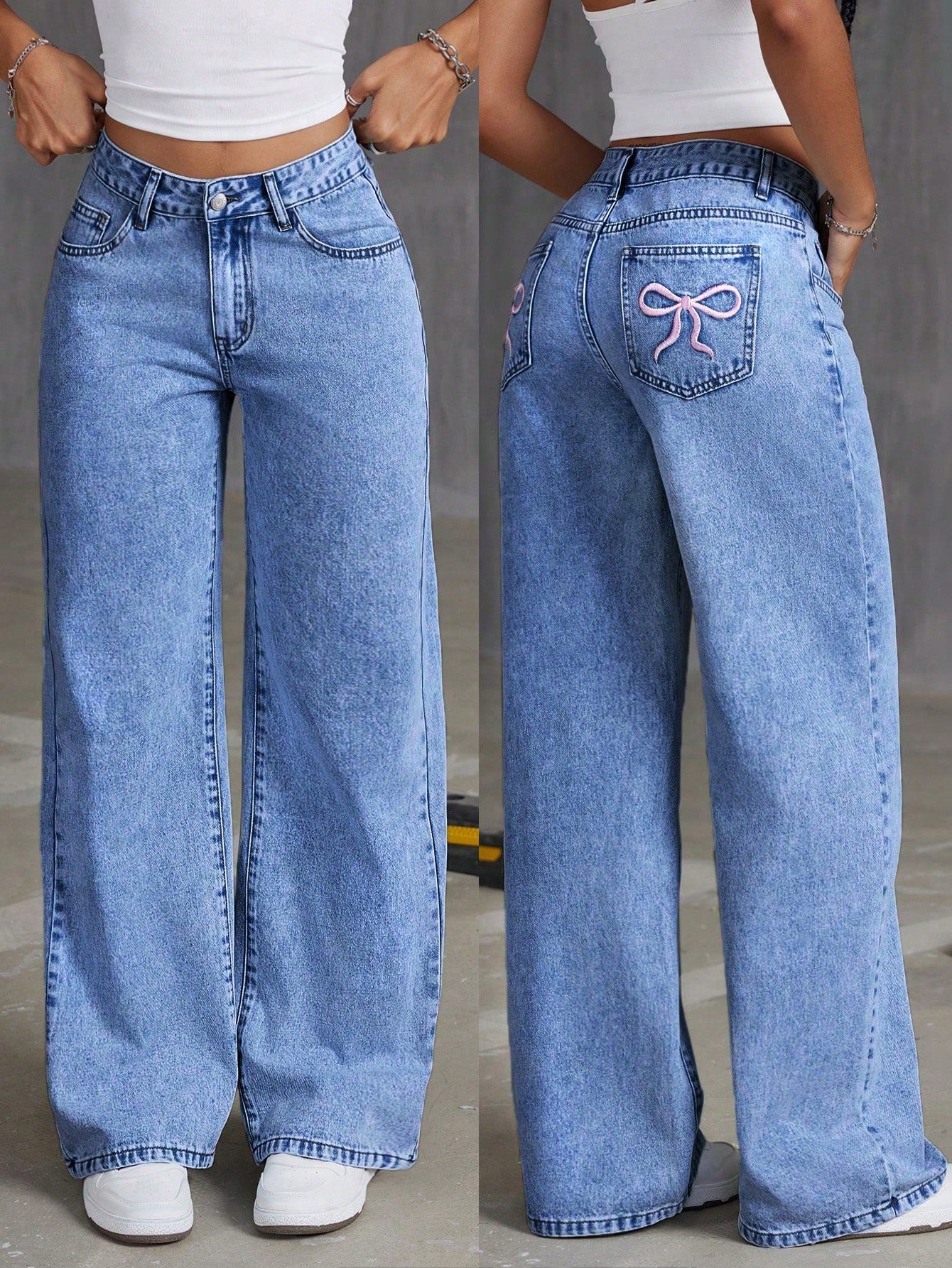 Women's Embroidered Bowknot Straight-Legged Washed Denim Pants With Pockets