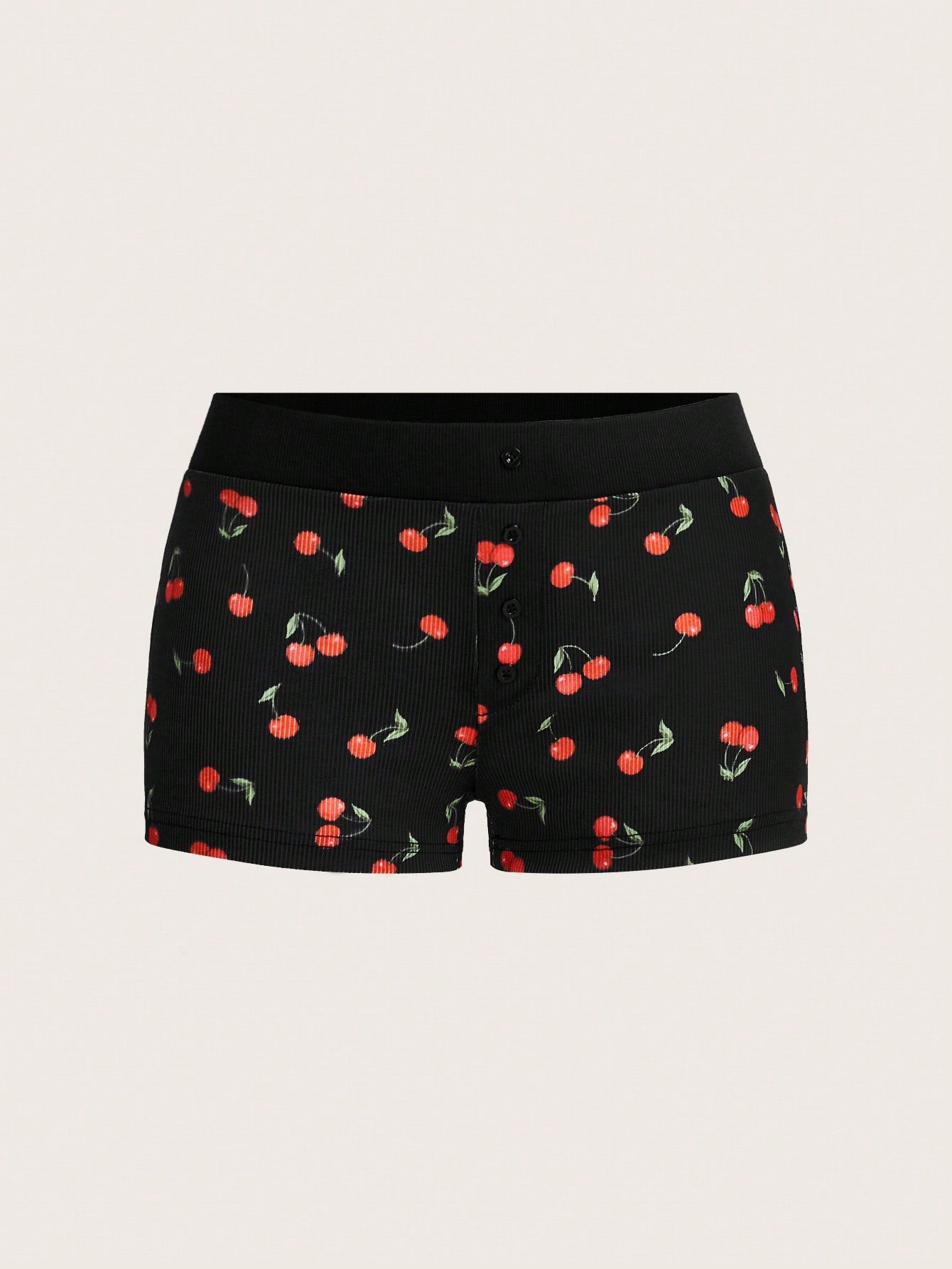 Sweetina Cherry Printed Faux Button Decorated Shorts