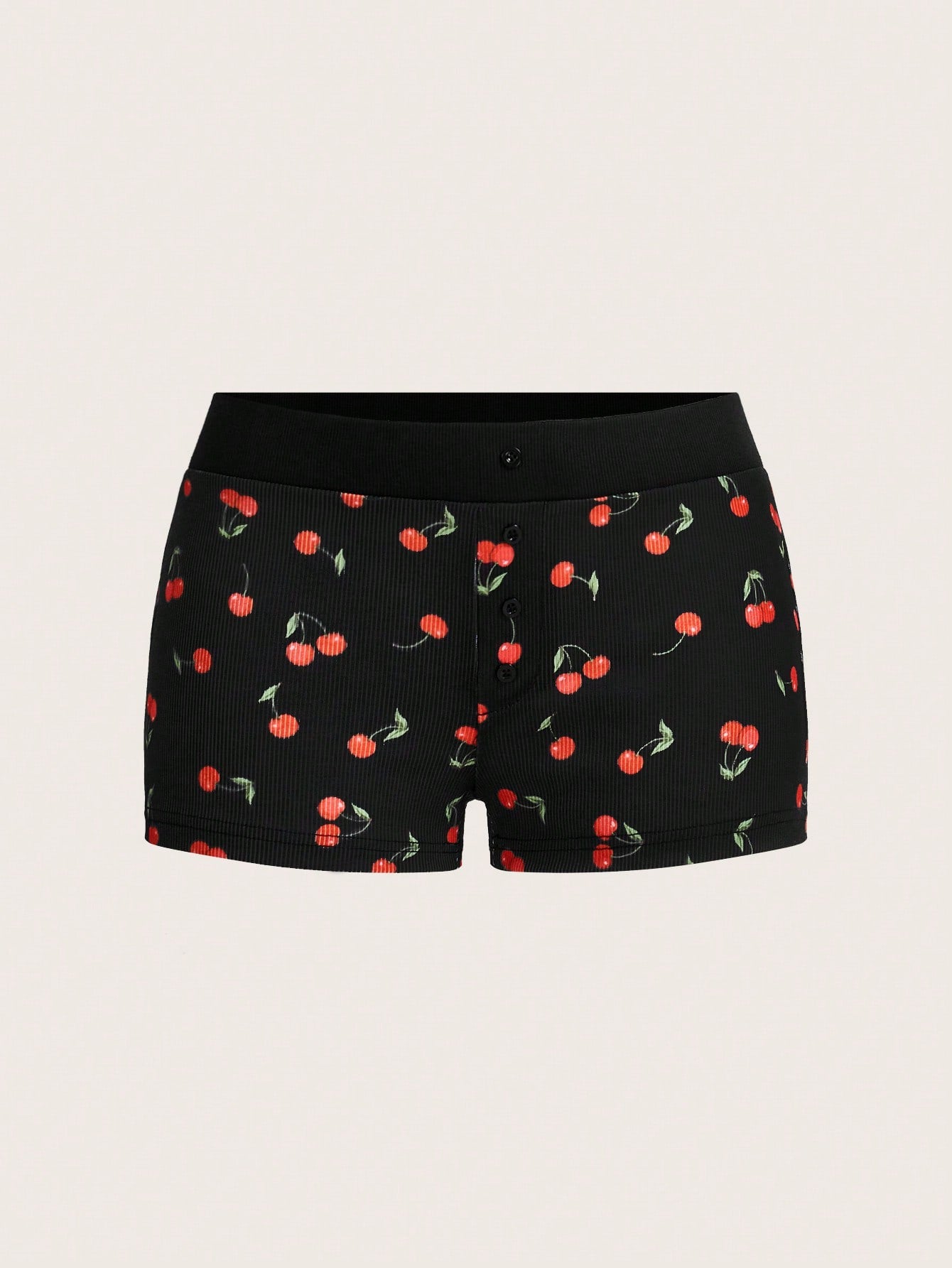 Sweetina Cherry Printed Faux Button Decorated Shorts