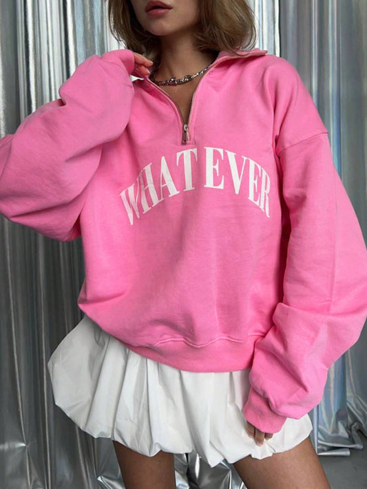 Women's Simple Letter Printed Long Sleeve Regular Fit Sweatshirt, Casual Pink Hoodie