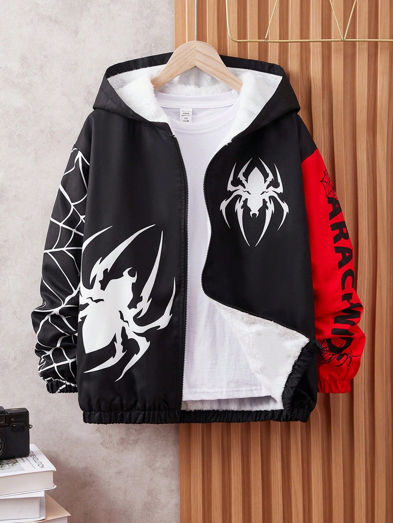 Tween Boy Casual Street Style Spider Printed Hooded Sports Jacket Coat