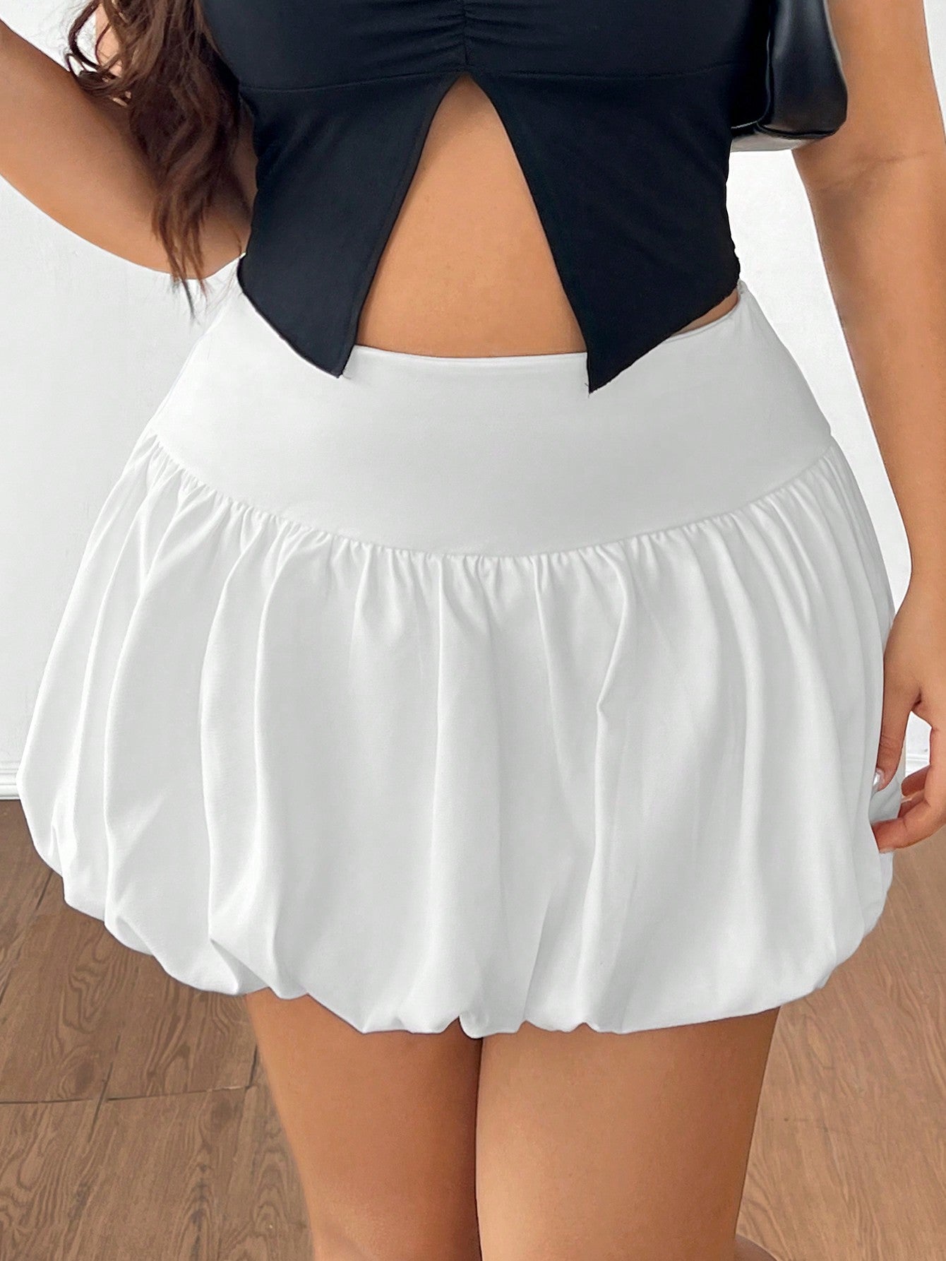 Plus Size Solid Color Pleated Bubble Skirt, Casual Vacation