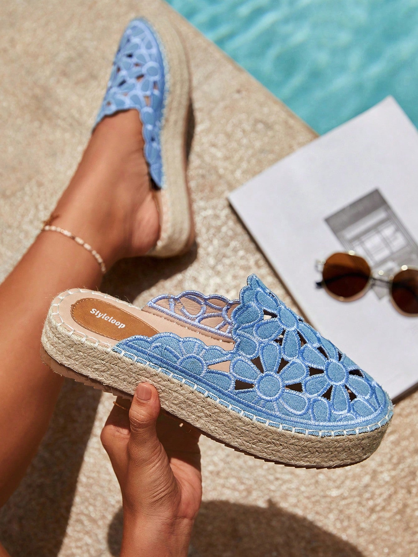 Styleloop Woman Floral Embroidered Espadrille Flat Vacation Summer Blue Fabric Flat Shoes For Summer Vacation Shoes Summer Sale Boho Feels