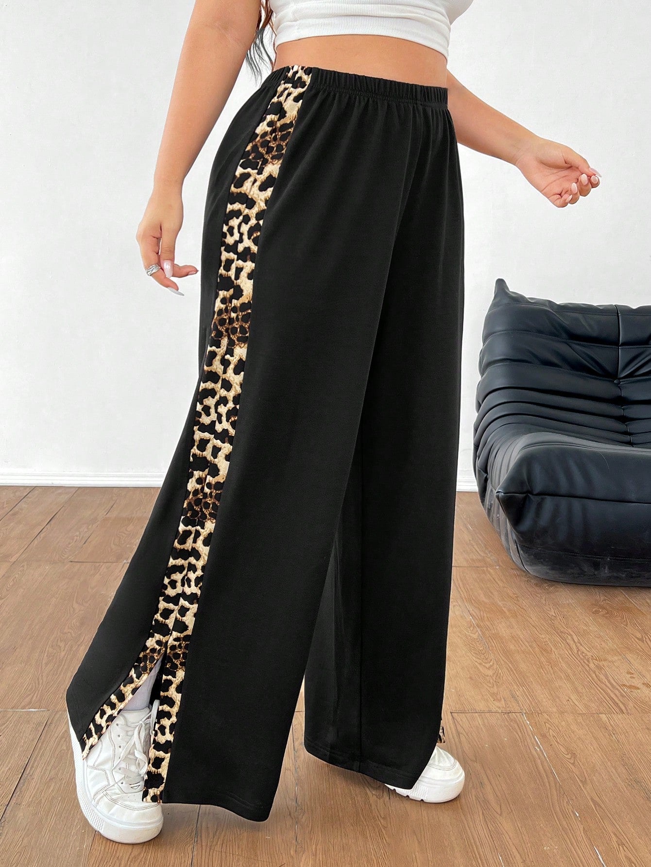 Plus Size Leopard Print Patchwork Side Slit Pleated Long Pants, Regular And Casual Wear