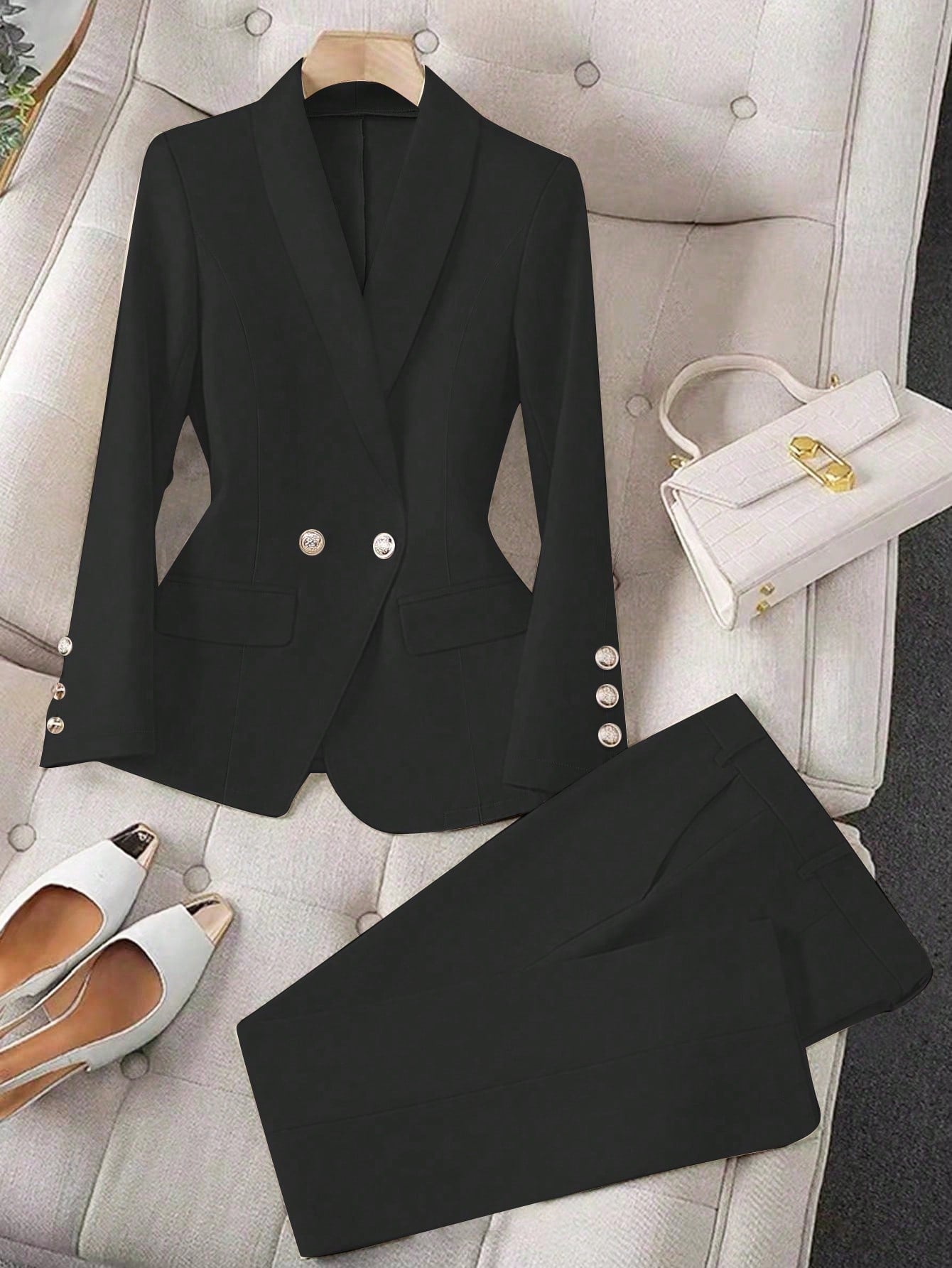 Apricot Color Long Sleeve Lapel Women's Suit Jacket And Pants Set